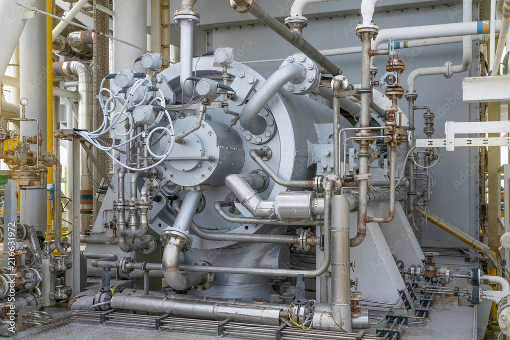 Gas compressor bundle on offshore oil and gas industry with piping and