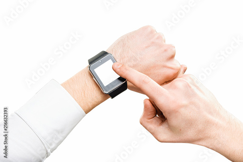 Hands of a man using smart wristwatch, isolated