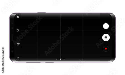 Frameless cellphone mock up with camera app screen. Vector illustration