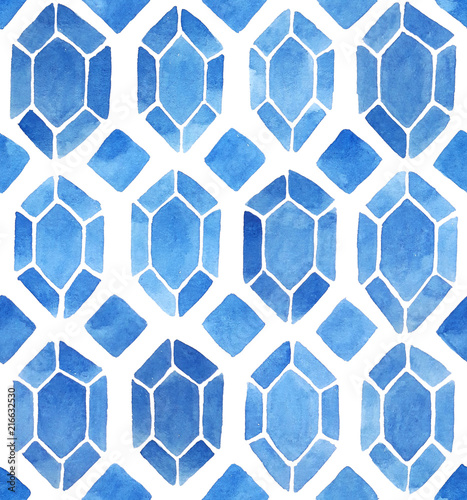 Seamless watercolor pattern. Hand painted mosaic background with diamond shaped elements in blue