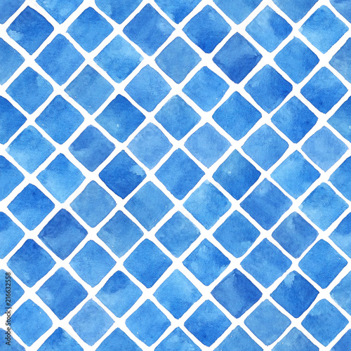 Seamless watercolor pattern. Hand painted mosaic background with diagonally laid squares in blue