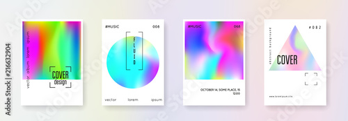 Holographic cover set. Abstract backgrounds. Trendy holographic cover with gradient mesh. 90s, 80s retro style. Pearlescent graphic template for placard, presentation, banner, brochure.