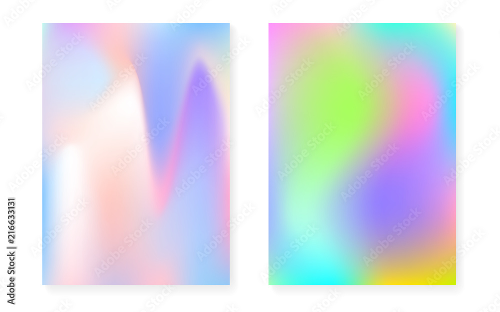 Holographic gradient background set with hologram cover. 90s, 80s retro style. Iridescent graphic template for flyer, poster, banner, mobile app. Vibrant minimal holographic gradient. Holographic gradient background set with hologram cover. 90s, 80s retro style. Iridescent graphic template for flyer, poster, banner, mobile app. Vibrant minimal holographic gradient.
