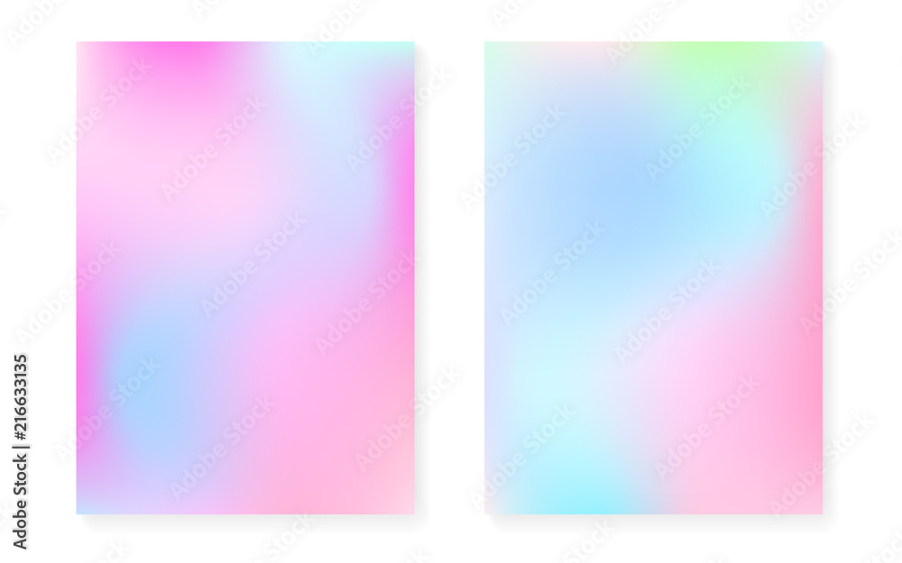 Holographic cover set with hologram gradient background. 90s, 80s retro style. Iridescent graphic template for book, annual, mobile interface, web app. Colorful minimal holographic cover.