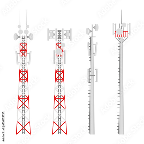 Transmission cellular towers vector set. Mobile communications tower with satellite communication antennas. Radio tower for wireless connections.