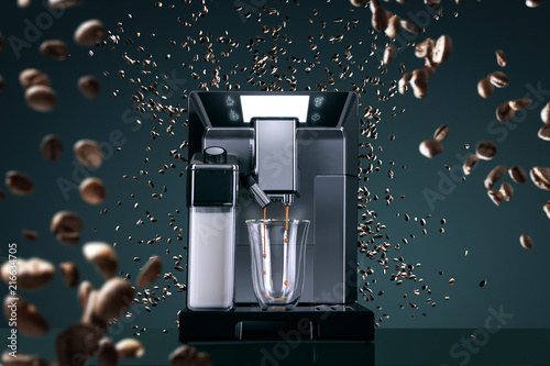 Fotografija Coffee machine with flying coffee beans across it on dark background