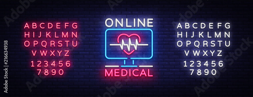 Medical Online neon sign design template. Medical Online neon emblem, light banner. Online consultation. Vector illustration. Editing text neon sign