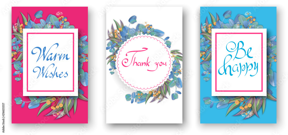 Colorful greeting cards with beautiful eucalyptus leaves. Colorful greeting cards with beautiful eucalyptus leaves.