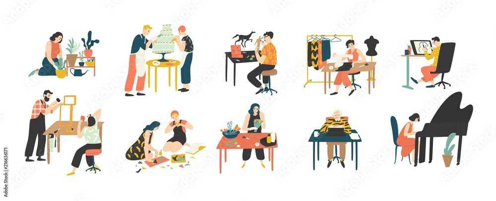 Collection of people enjoying their hobbies - home gardening, culinary,  sewing, drawing, paper collage making, floristics, writing, piano playing.  Colorful vector illustration in flat cartoon style. Stock Vector | Adobe  Stock