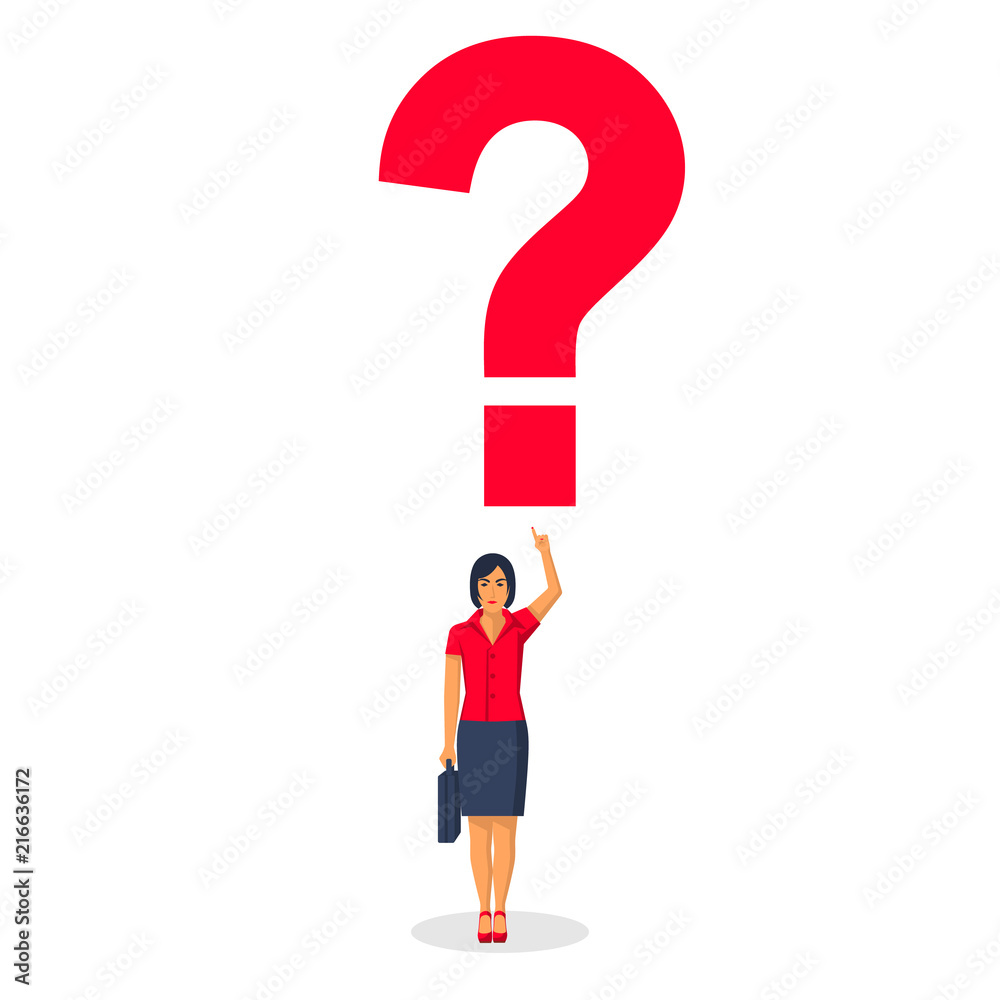 Woman points to a big question mark. What's next concept. Vector illustration flat design. Isolated on white background. Woman points to a big question mark. What's next concept. Vector illustration flat design. Isolated on white background.