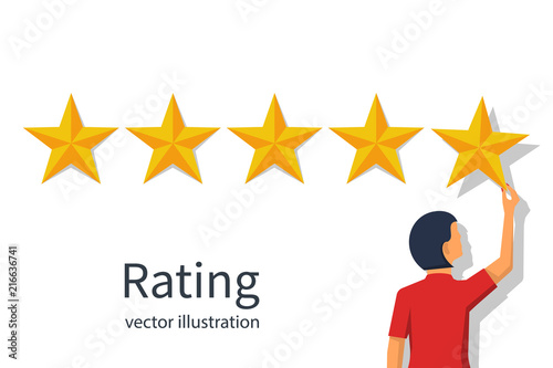 Star rating. Businesswoman holding a gold star in hand, to give five. Feedback concept. Evaluation system. Positive review. Vector illustration flat design. Isolated on white background. Quality work.