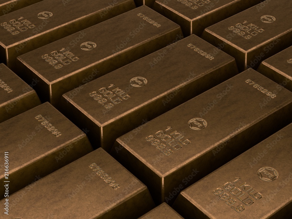 3D illustration of gold bars lost value over time, rusty, spoiled. The idea of inflation, crisis, loss of value, economic collapse. Devaluation of traditional values. Economic crisis.