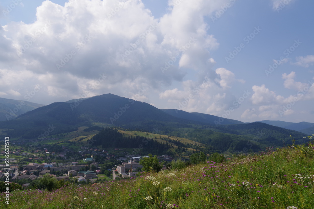 Naklejka premium mountain slopes green trees and mountains