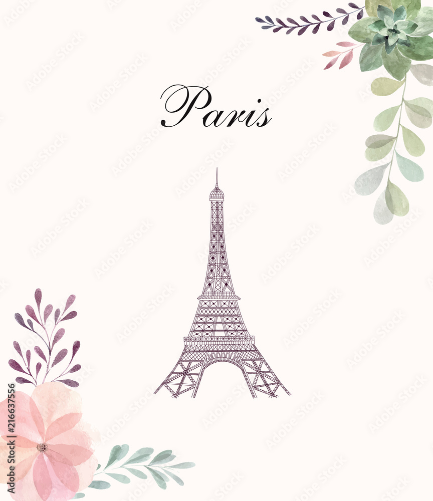 Vector illustration with Eiffel tower and floral ornament
