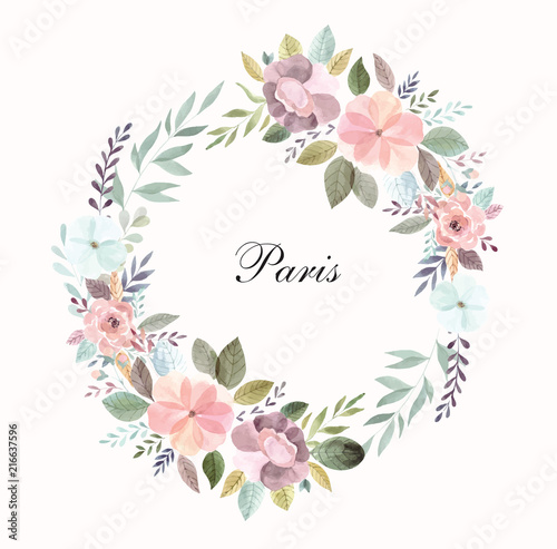 Vector illustration with Eiffel tower with a waterolor floral wreath