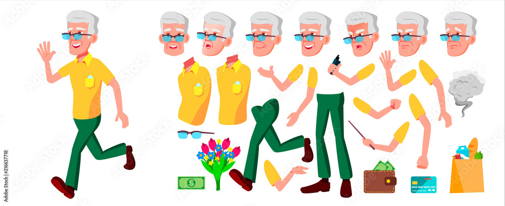 Old Man Vector. Senior Person Portrait. Elderly People. Aged. Animation Creation Set. Face Emotions, Gestures. Active Grandparent. Joy. Poster Design. Animated. Isolated Cartoon Illustration