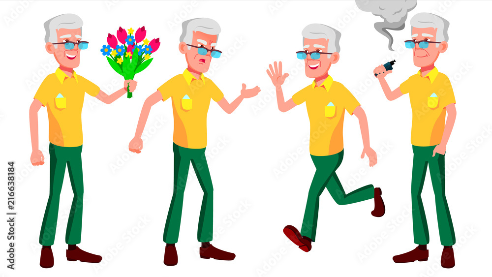 Old Man Poses Set Vector. Elderly People. Senior Person. Aged. Comic Pensioner. Lifestyle. Postcard, Cover, Placard Design. Isolated Cartoon Illustration