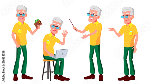 Old Man Poses Set Vector. Elderly People. Senior Person. Aged. Active Grandparent. Joy. Web, Brochure, Poster Design. Isolated Cartoon Illustration