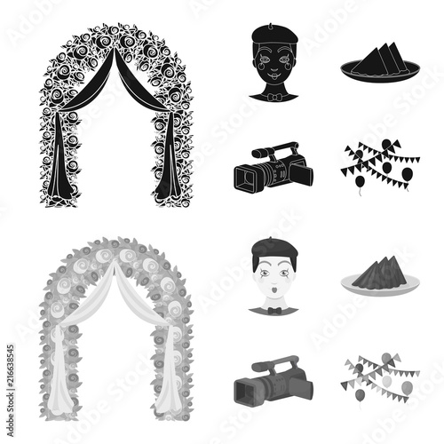 The arch is decorated with roses and silk, a clown in a cap, a plate with red napkins, a video camera. Event services set collection icons in black,monochrom style vector symbol stock illustration web