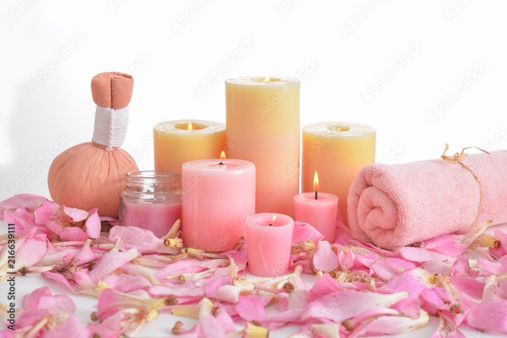 Tropical setting on many pink petals background Tropical setting on many pink petals background
