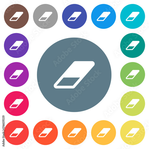 Eraser flat white icons on round color backgrounds