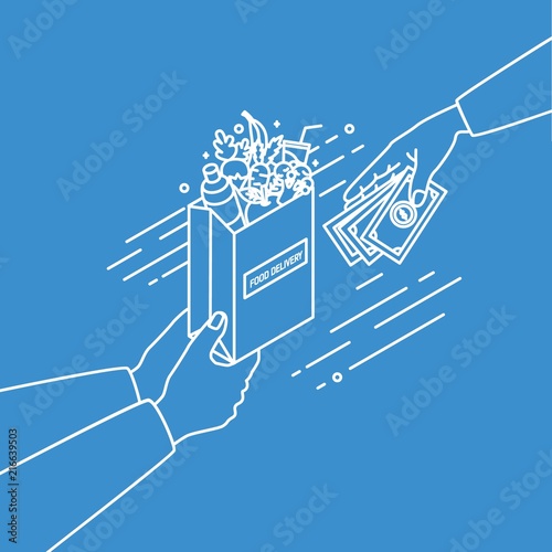 Hands holding paper bag with fruits and vegetables and passing money drawn wi...