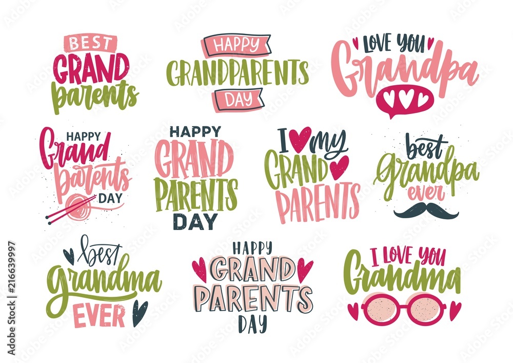 Collection of Grandparents Day lettering isolated on white background. Bundle of elegant festive inscriptions handwritten with beautiful calligraphic fonts. Colorful decorative vector illustration. Collection of Grandparents Day lettering isolated on white background. Bundle of elegant festive inscriptions handwritten with beautiful calligraphic fonts. Colorful decorative vector illustration.