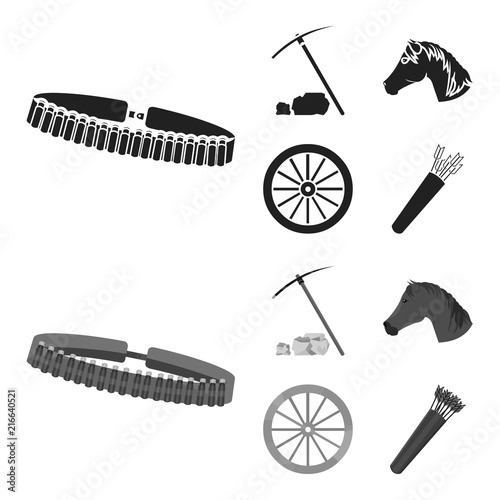 Pickax hoe, horse head, wheel cart, quiver with arrows.Wild west set collection icons in black,monochrome style vector symbol stock illustration web.
