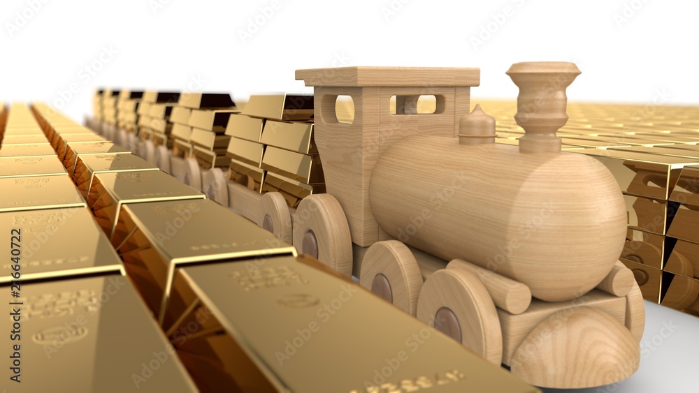 3D illustration of a wooden train toys, carries gold bars in the cars on the aisle among the warehouse of gold bars, a huge variety of gold, the view from the side. Image isolated on white background.
