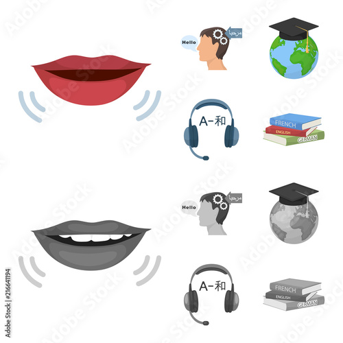 The mouth of the person speaking, the person head translating the text, the globe with the master cap, the headphones with the translation. Interpreter and translator set collection icons in cartoon