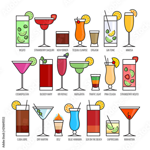 Flat icons set of popular alcohol cocktail on black background. Flat design style, vector illustration.