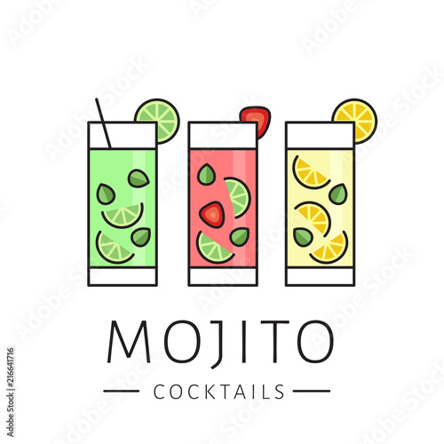 Glass of cocktail mojito on white background. Сlassic mojito, strawberry mojito, lemonade. Flat design style, vector illustration.