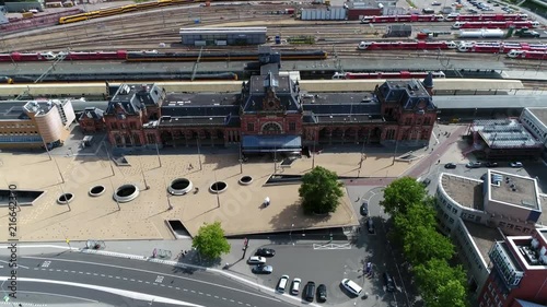 Aerial footage of Groningen Main Station is the main railway station in Groningen in the Netherlands and is located on the Harlingen–Nieuweschans railway between Zuidhorn and Groningen Europapark 4k photo