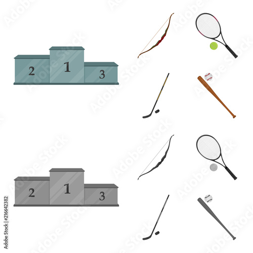 Pedestal of honor for the winners, bow for shooting arrows, racket with a ball for the tennis, hockey stick and puck. Sports set collection icons in cartoon,monochrome ,flat style vector symbol stock