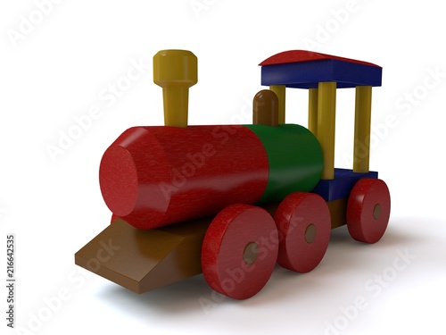 3D illustration of wooden toy, train. Toy of wooden elements, transport designer, the idea of childhood, gift, development. Image on white background, isolated.