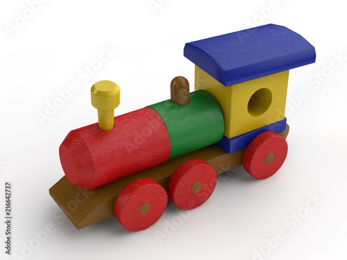 3D illustration of wooden toy, train. Toy of wooden elements, transport designer, the idea of childhood, gift, development. Image on white background, isolated.