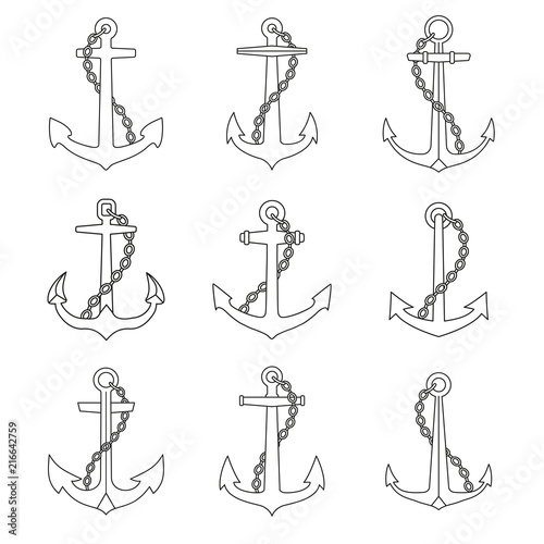 Anchor with chain outline icons set. Marine and nautical emblems collection.