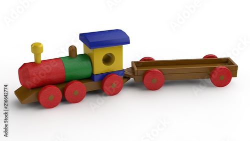 3D illustration of a wooden toy train with an empty car. Toy of wooden elements, transport designer, the idea of childhood, gift, development. Image on white background, isolated.