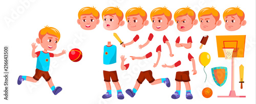 Boy Kindergarten Kid Vector. Animation Creation Set. Face Emotions, Gestures. Emotional Character Playing. Playground. For Banner, Flyer, Web Design. Animated. Isolated Cartoon Illustration