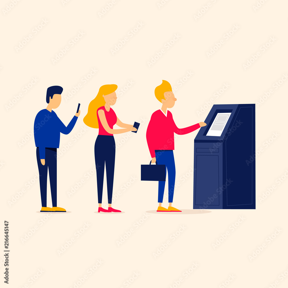 People stand in line at the ATM, withdraw cash, pay bills. Flat style vector illustration.