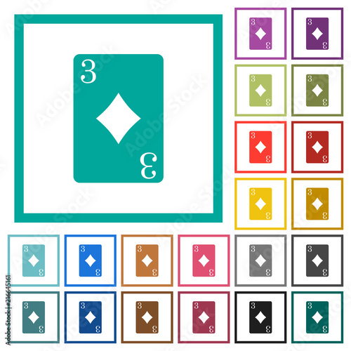 Three of diamonds card flat color icons with quadrant frames