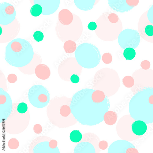 Repeated scattered round colored spots painted with watercolour brush. Cute girly seamless pattern. Sketch, grunge, watercolor.