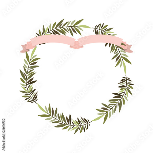 crown leafs and ribbon circular frame vector illustration design