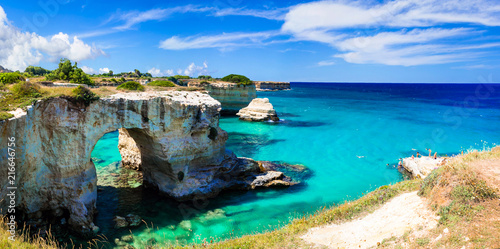 Natural landmarks and best beaches of Puglia. "Torre di Sant Andrea" near Otranto. Italy