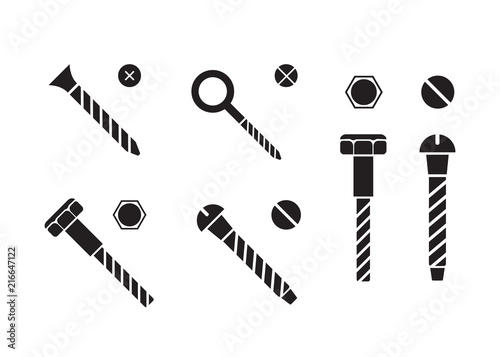 Construction hardware icons. Screws, bolts, nuts and rivets