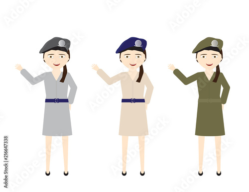 Female soldiers in Various uniform skirts colors waving hello