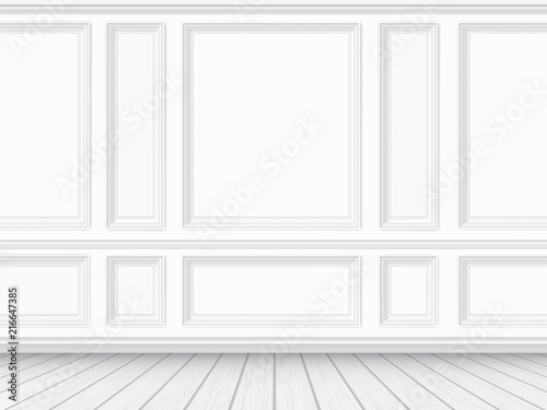 Classic interior of the living room. Parquet floor and white wall decorated with moulding panels. Vector detaled realistic illustration.
