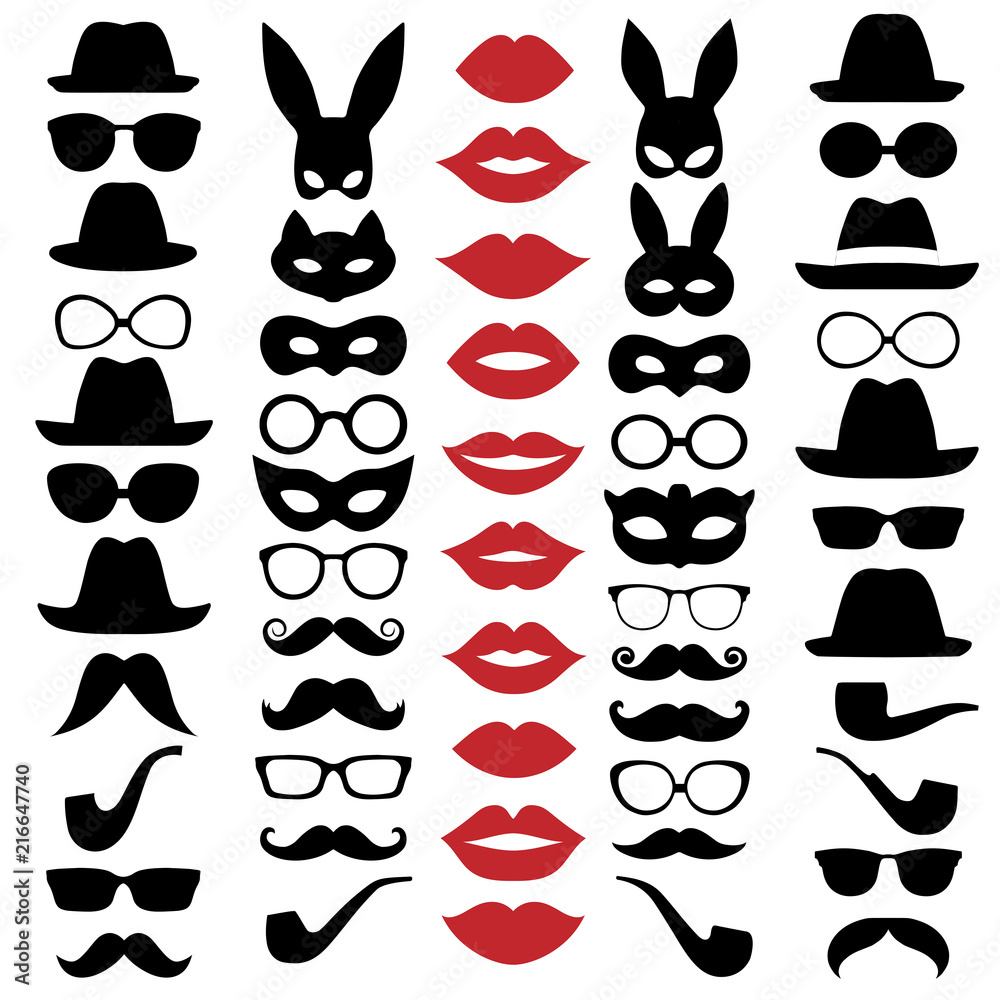 Set Illustrations of hats, glasses, masks, lips and moustaches. Vector Set Illustrations of hats, glasses, masks, lips and moustaches. Vector