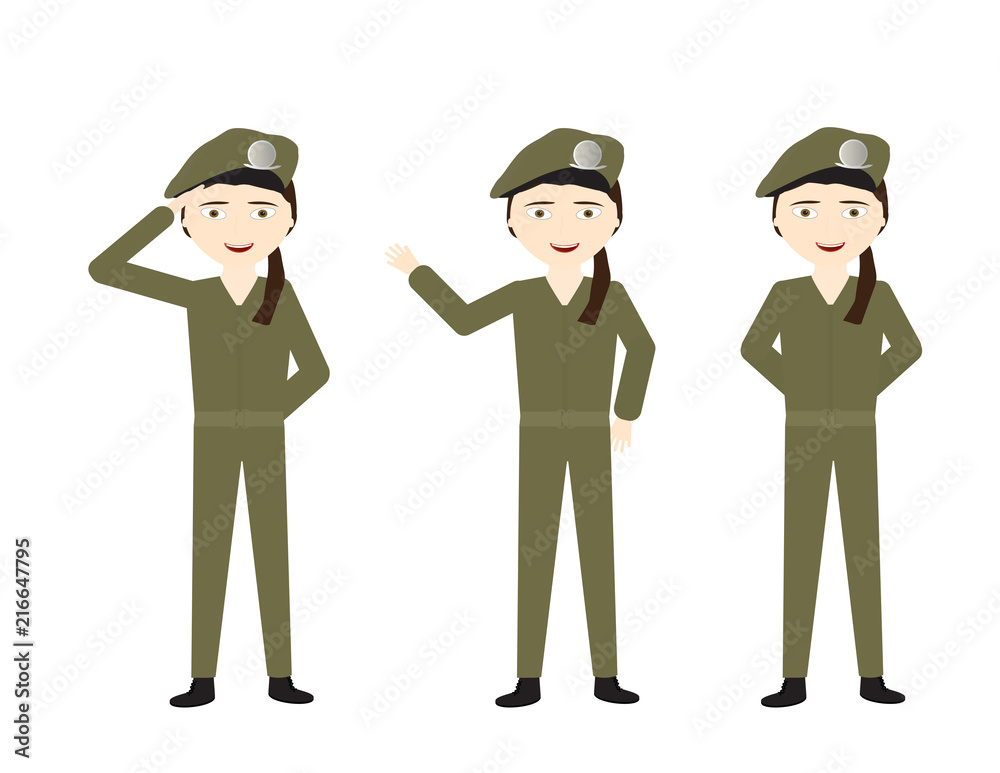 Female soldiers with green uniform and different poses - Stand, Hello, Salute Female soldiers with green uniform and different poses - Stand, Hello, Salute