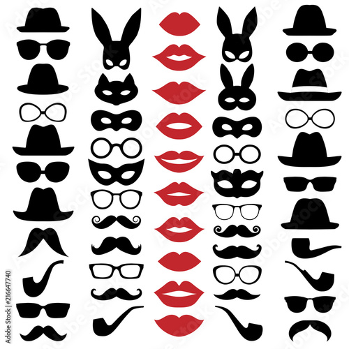 Set Illustrations of hats, glasses, masks, lips and moustaches. Vector